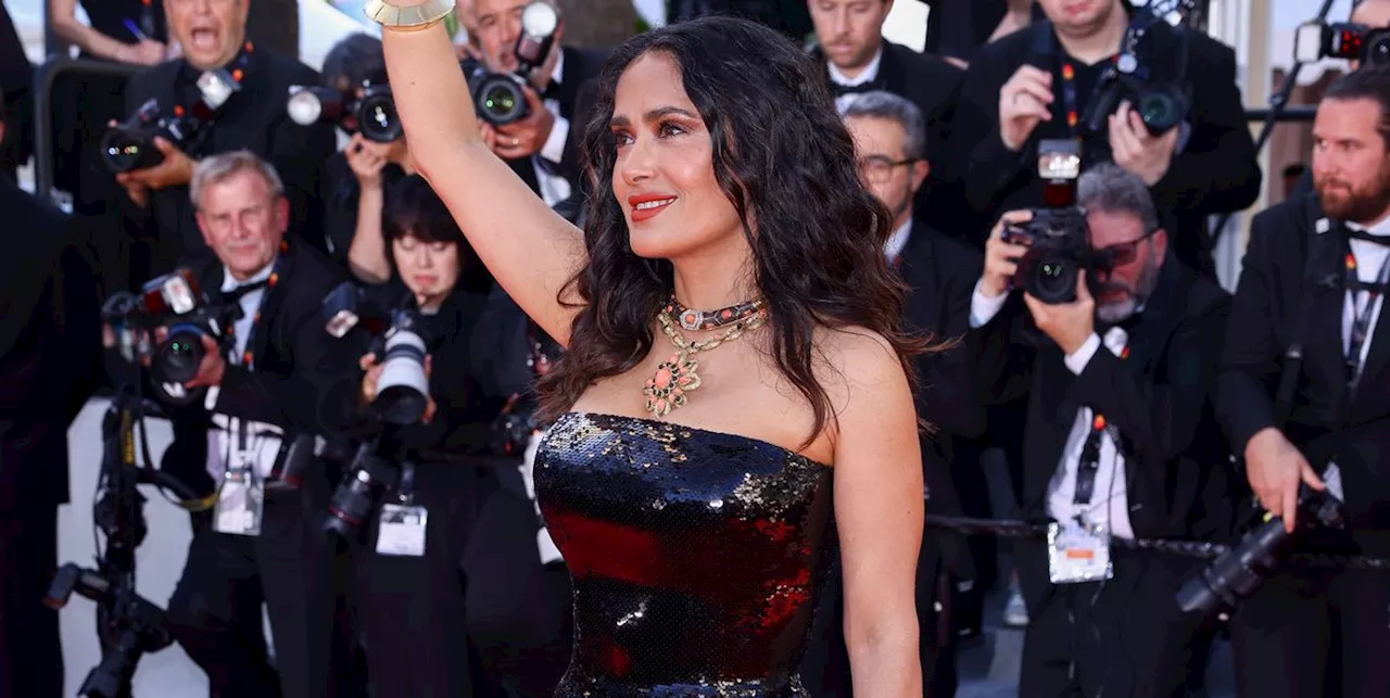 Salma Hayek Sparkles Like the Cannes Rivieria in a Strapless Sequin Gown