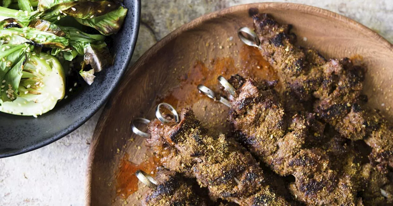 Sizzling, twice-spiced beef skewers add a twist to a Memorial Day barbecue