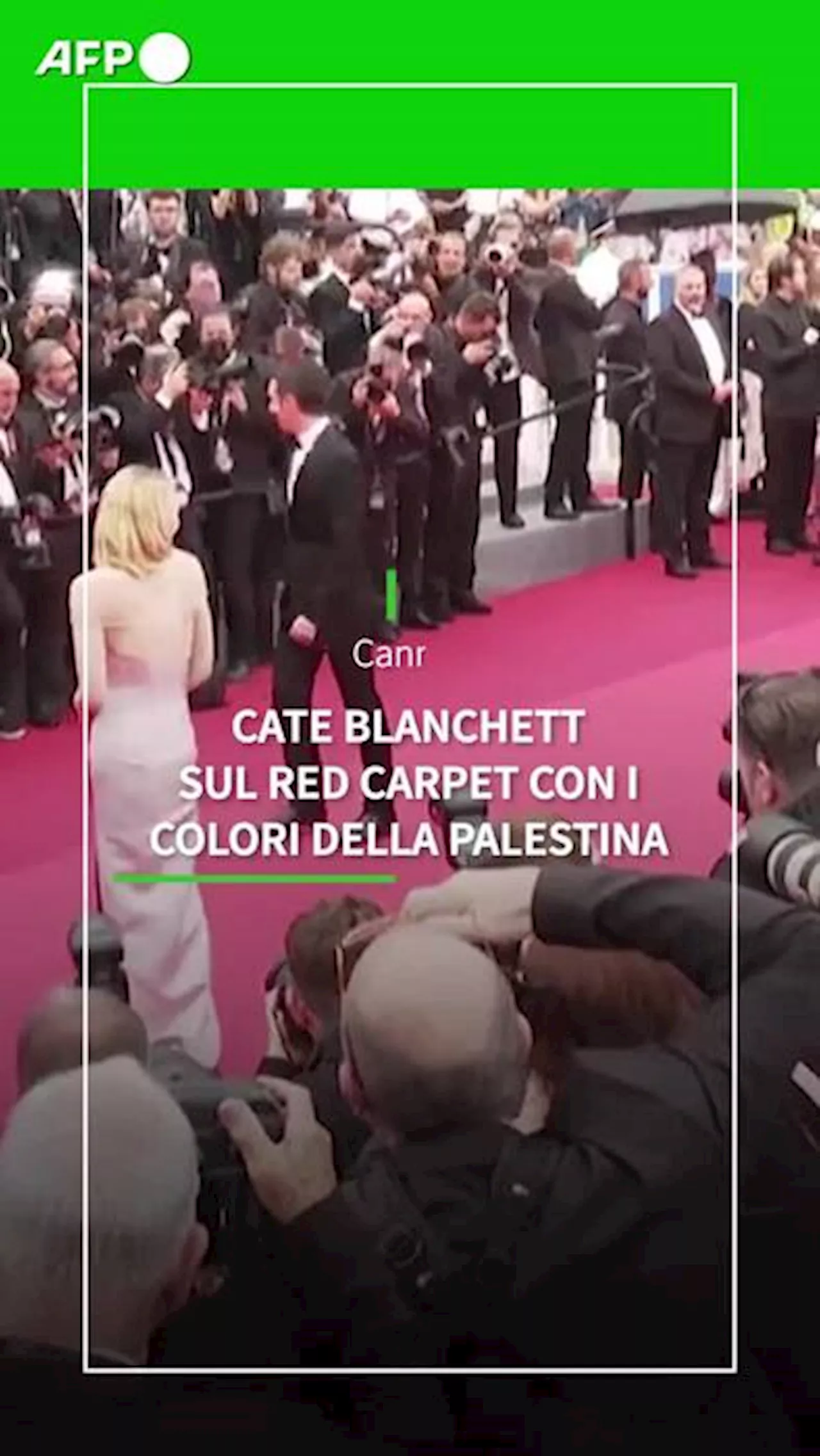 Cannes, Cate Blanchett sul red carpet con i colori della Palestina