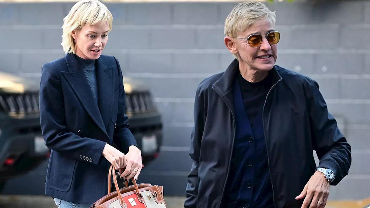 Ellen DeGeneres and wife Portia de Rossi both smile as they arrive to her standup comedy show in Los...