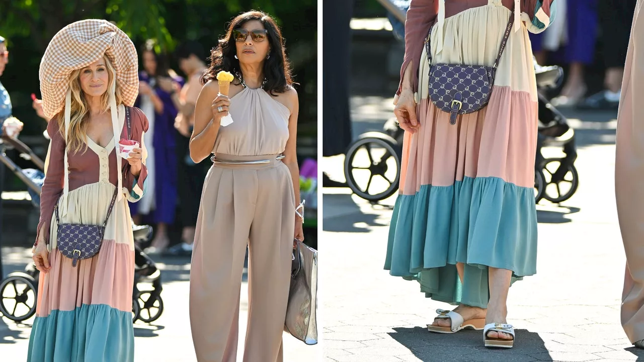 Sarah Jessica Parker sorprende en un look digno de Carrie con vestido de colores, sandalias Dr. Scholl's y sombrero maxi en And Just Like That 3