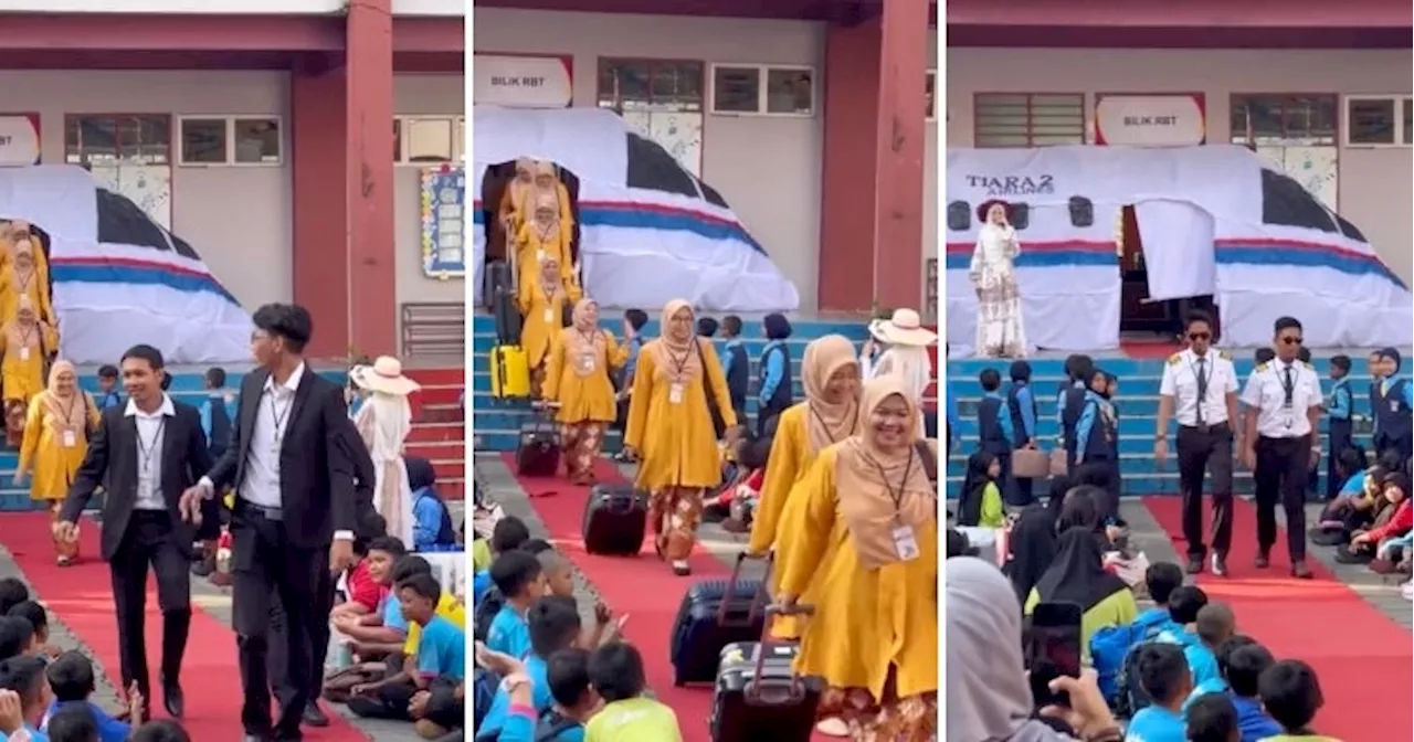 Johor School Teachers Dress Up as Cabin Crew & Exit from 'Airplane' in Awesome Hari Guru Celebration!