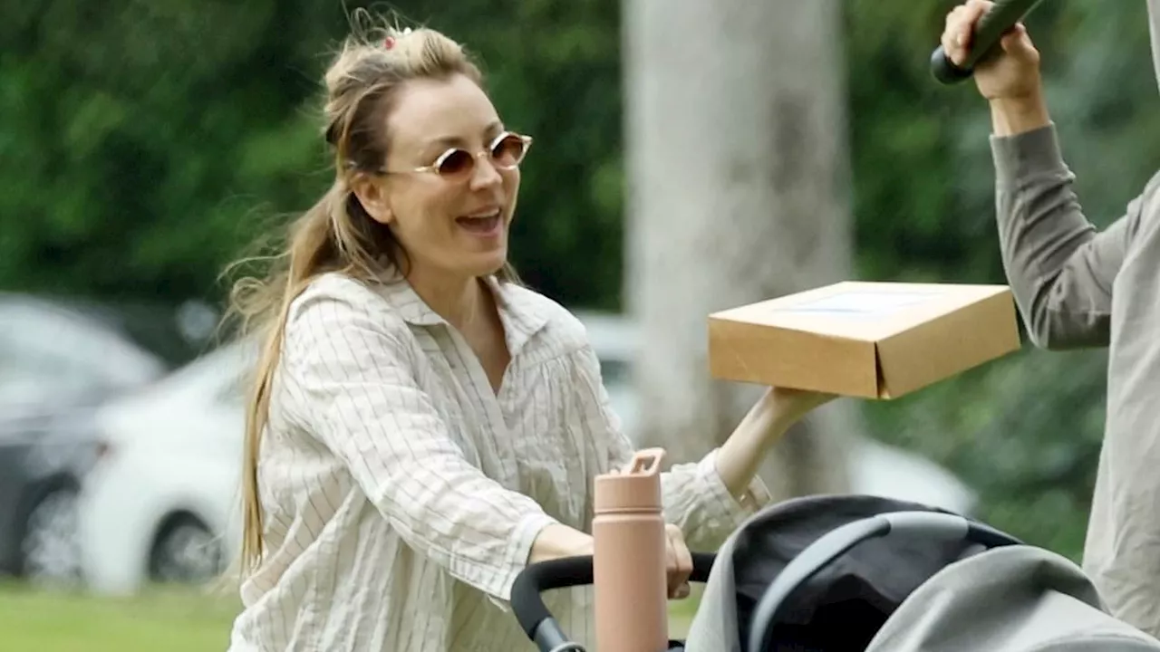 Kaley Cuoco pushes stroller while filming Based on a True Story