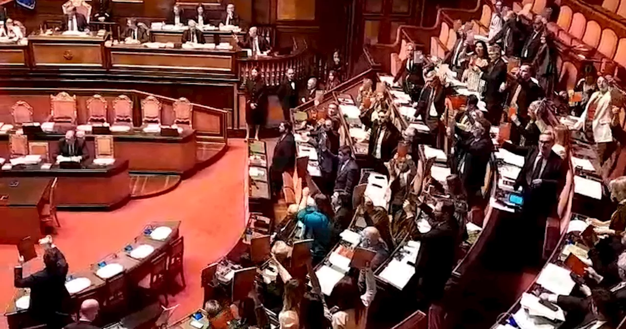 Bagarre al Senato durante la discussione sul premierato: le opposizioni sventolano copie della Costituzione…