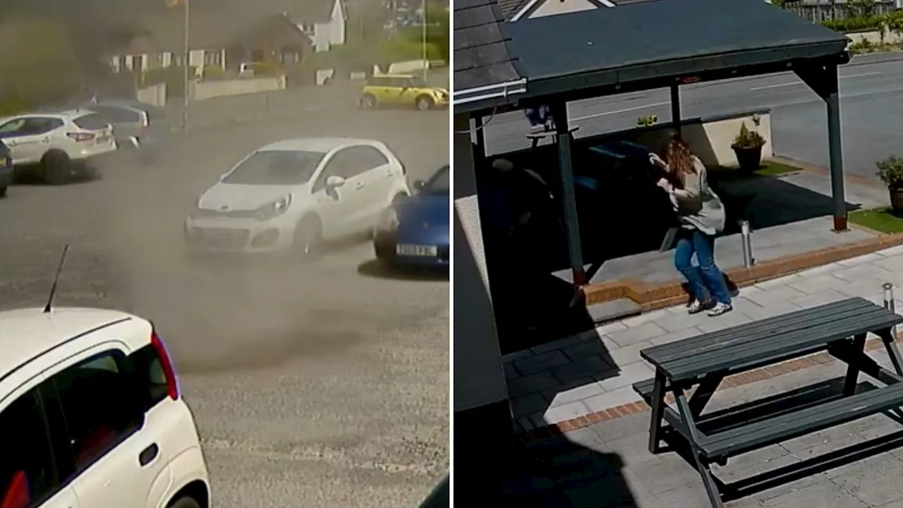 Terrifying moment ‘dust DEVIL’ rips through pub car park sending punters fleeing for cover...