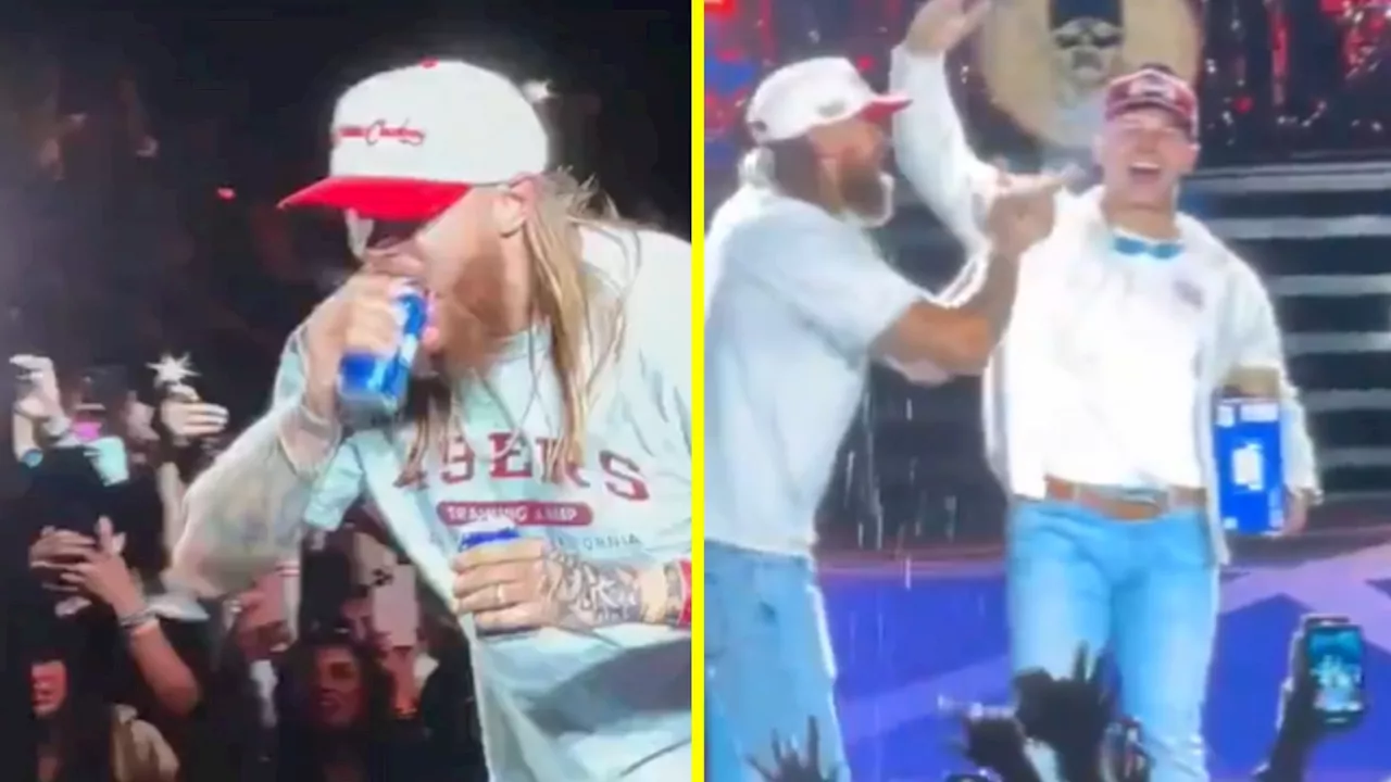 George Kittle opens beer with teeth and shotguns it Stone Cold style as he parties hard with Brock Purdy...