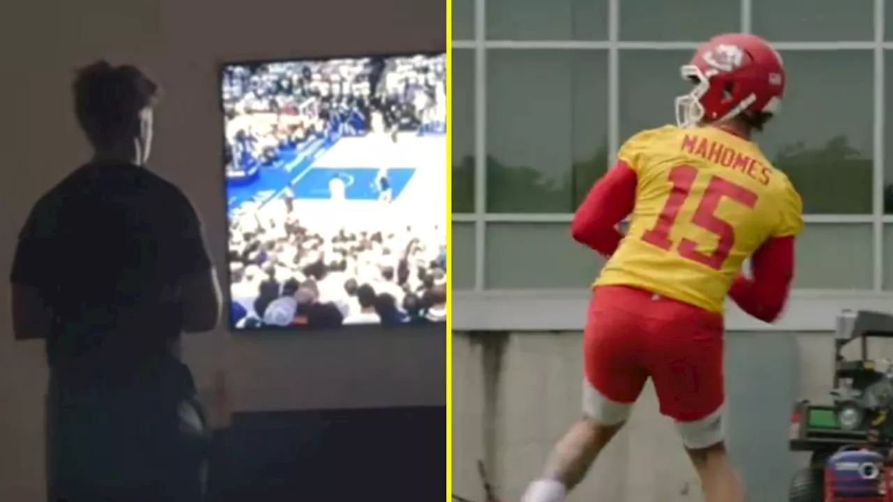 Patrick Mahomes looks like a kid glued to TV screen as Super Bowl QB cheers on favorite NBA team after...