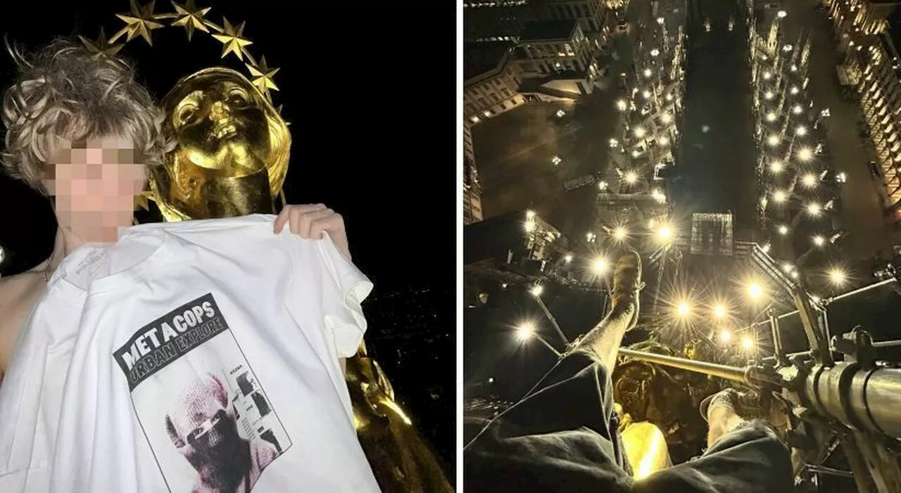 Scala il Duomo di Milano e si fa un selfie con la Madonnina (senza maglietta): «La tipa voleva tenersi la t-sh