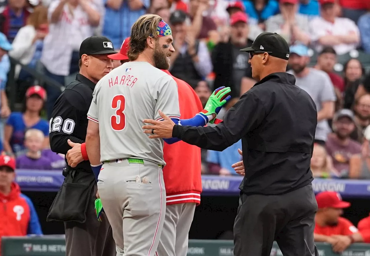 WATCH: Phillies’ Bryce Harper ejected after striking out in first inning against Rockies