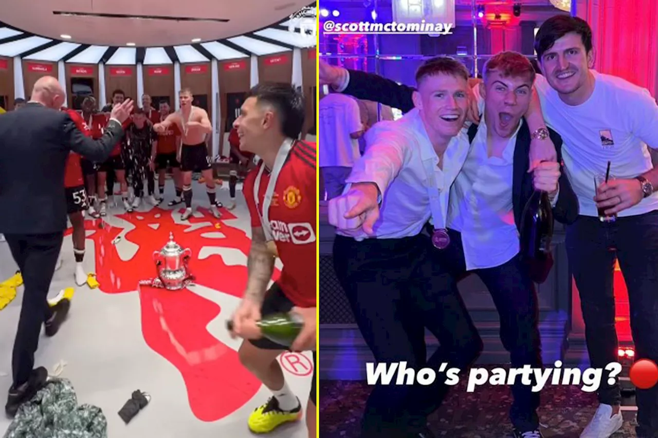 Inside Manchester United’s jubilant celebrations as Erik ten Hag is doused in champagne and Rasmus Hojlund...