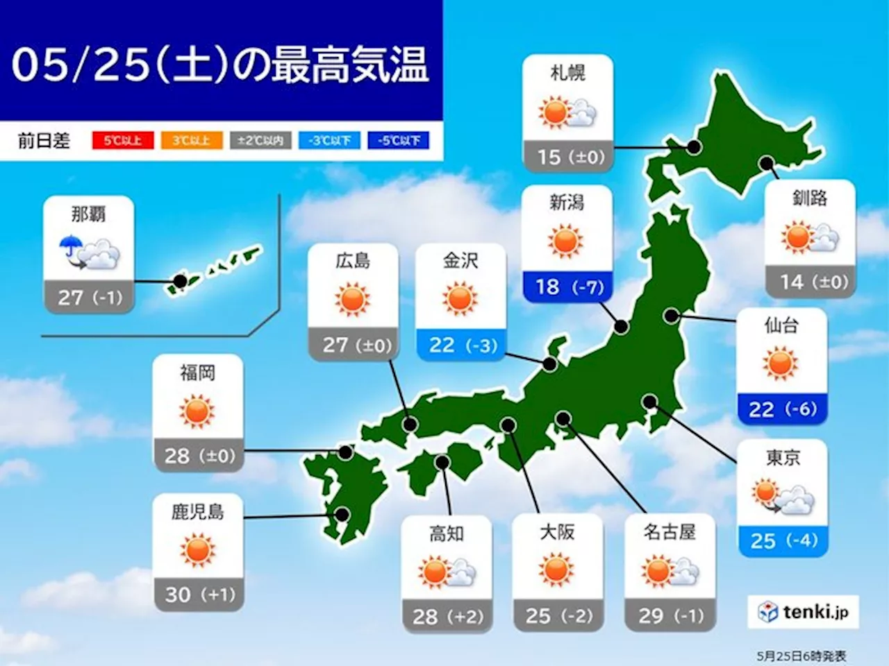 25日は広く晴天 西日本中心に暑さ続く 関東は気温ダウンも夏日 熱中症対策を(気象予報士 青山 亜紀子 2024年05月25日)