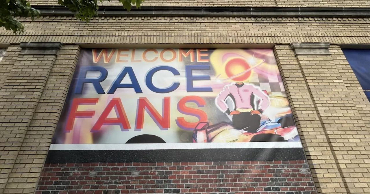 Indy 500 themed artwork featured on Main Street in Speedway