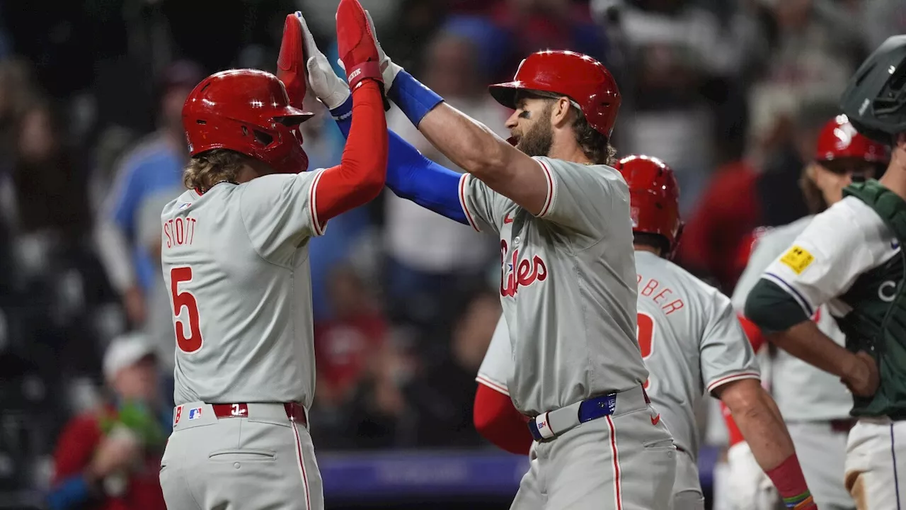 Bryce Harper hits a 3-run homer in Phillies' 9th-inning rally to beat Rockies 8-4