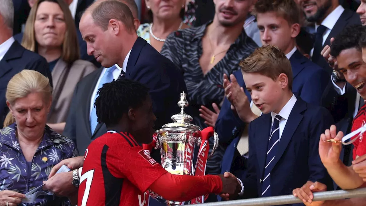 Prince George shakes hands with FA Cup matchwinner Kobbie Mainoo and England star Jack Grealish...