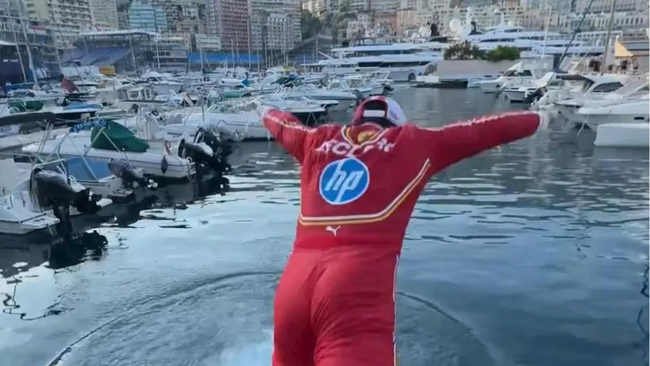 Leclerc e Vasseur si lanciano in acqua a Montecarlo dopo il trionfo Ferrari