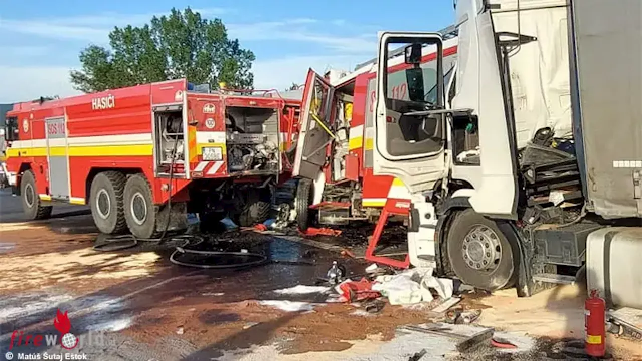 Slowakei: Sattelschlepper kracht bei Pkw-Brand bei Horná Streda in Feuerwehr- und Polizeifahrzeug → zwei Feuerwehrleute getötet