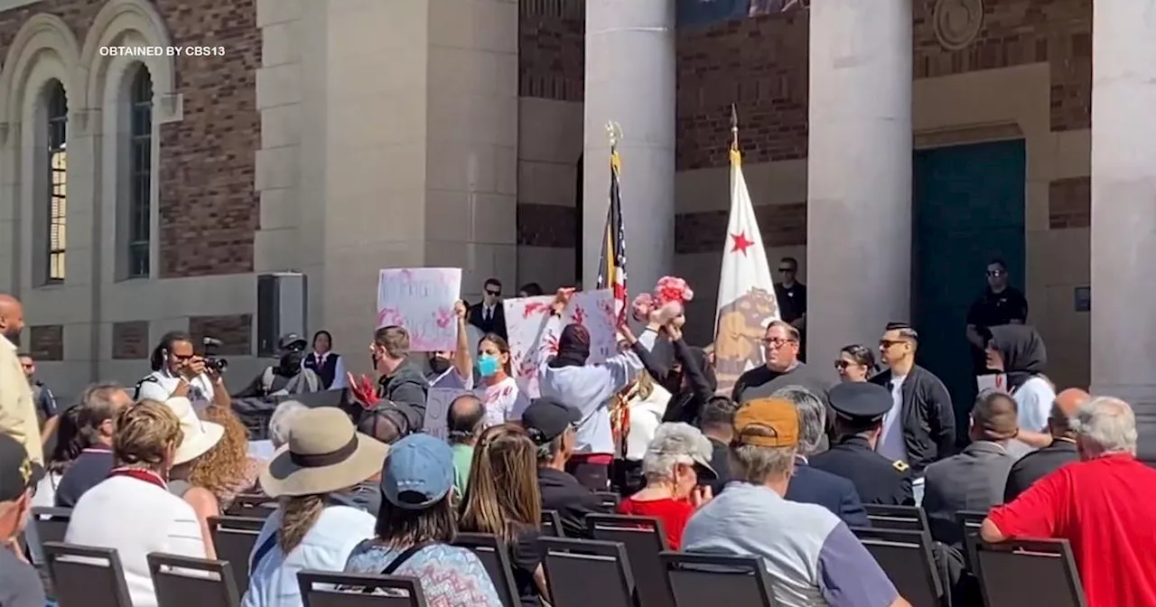Demonstrators with pro-Palestinian messages interrupt Memorial Day event in Sacramento