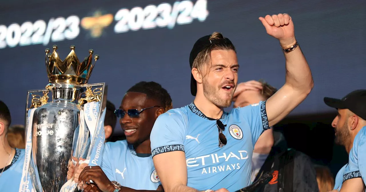 Jack Grealish nearly topples from bus during Man City's trophy parade