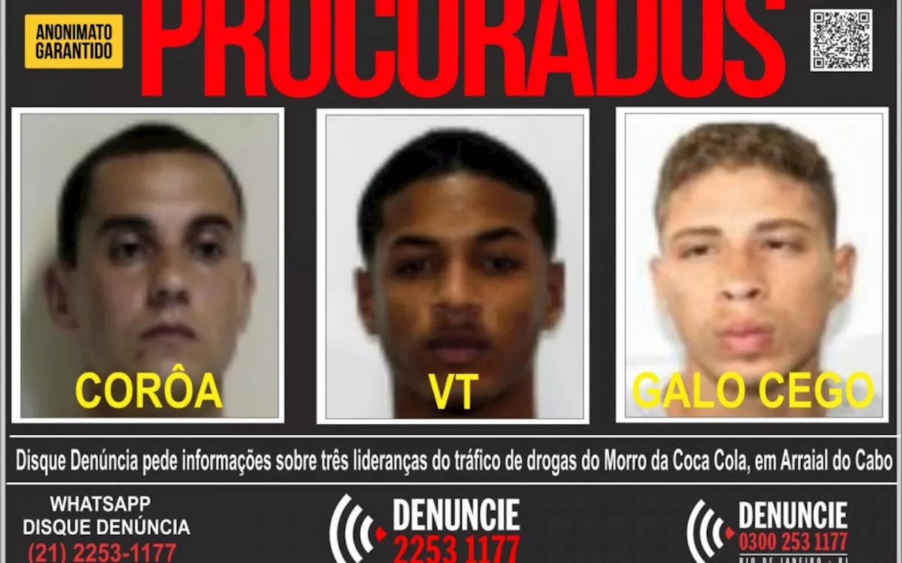 Três traficantes do Morro da Coca-Cola, em Arraial do Cabo, são procurados pelo Disque Denúncia