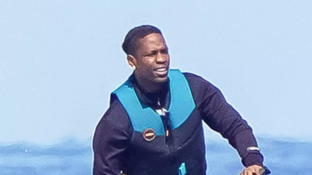 Travis Scott pictured jet-skiing with daughter Stormi, 6, in St. Tropez following Cannes, France...