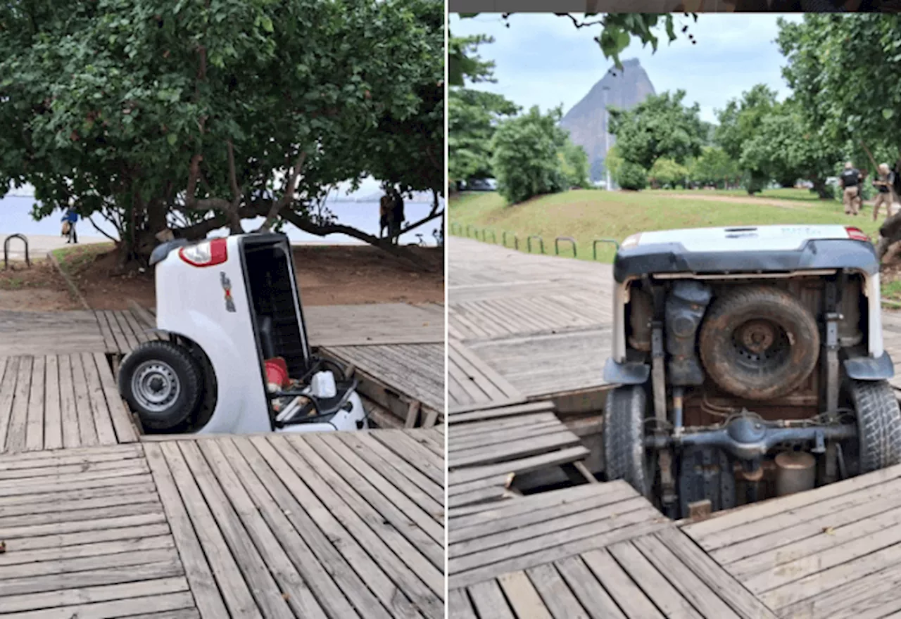 Carro da prefeitura do Rio cai em deck durante perseguição no Aterro do Flamengo