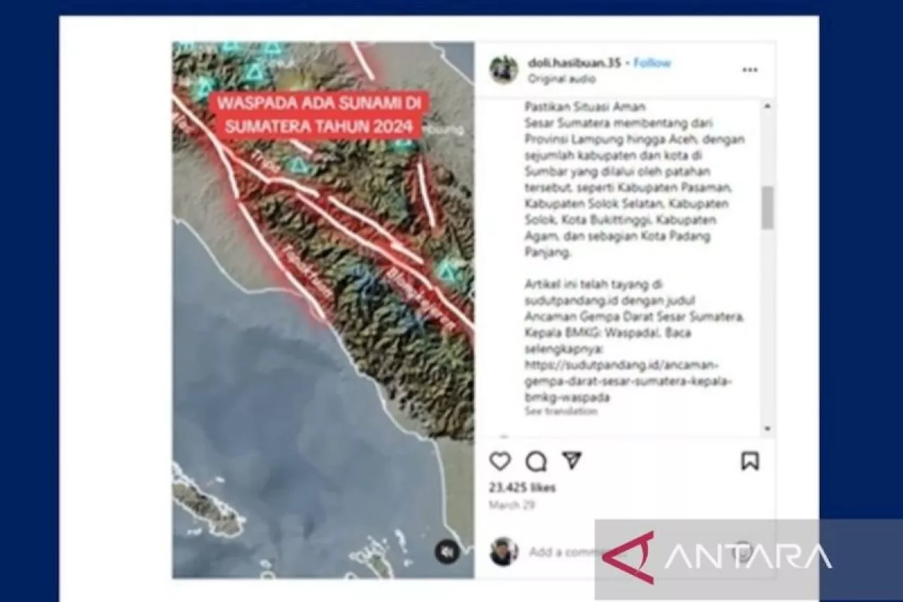 BMKG tegaskan sesar besar daratan Sumatera tidak memicu tsunami