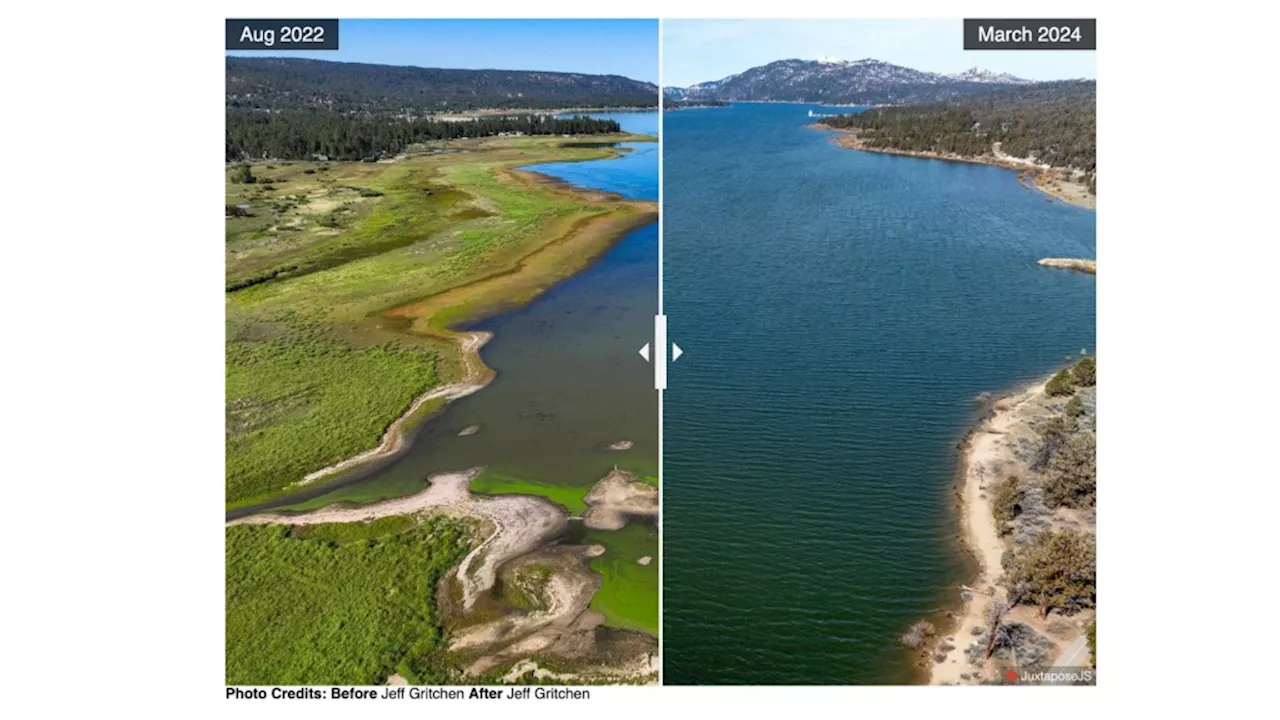 Big Bear Lake before and after a 15-foot increase in water depth thanks to winter storms