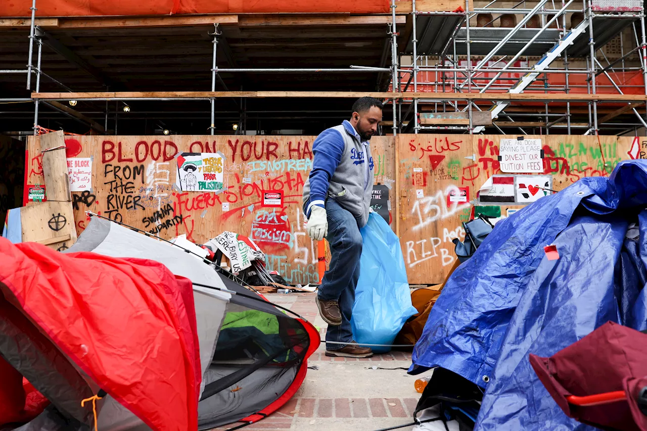 UCLA clears mounds of trash left from pro-Palestinian encampment, counter-protesters