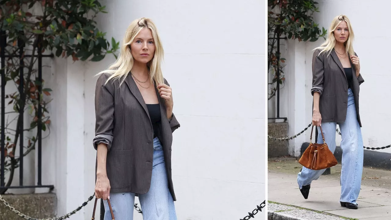 Cómo llevar baggy jeans y blazer en clave boho como Sienna Miller en verano 2024