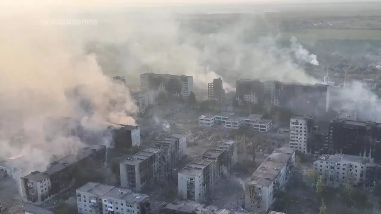 Rare drone video shows scale of destruction in embattled northeast front line town