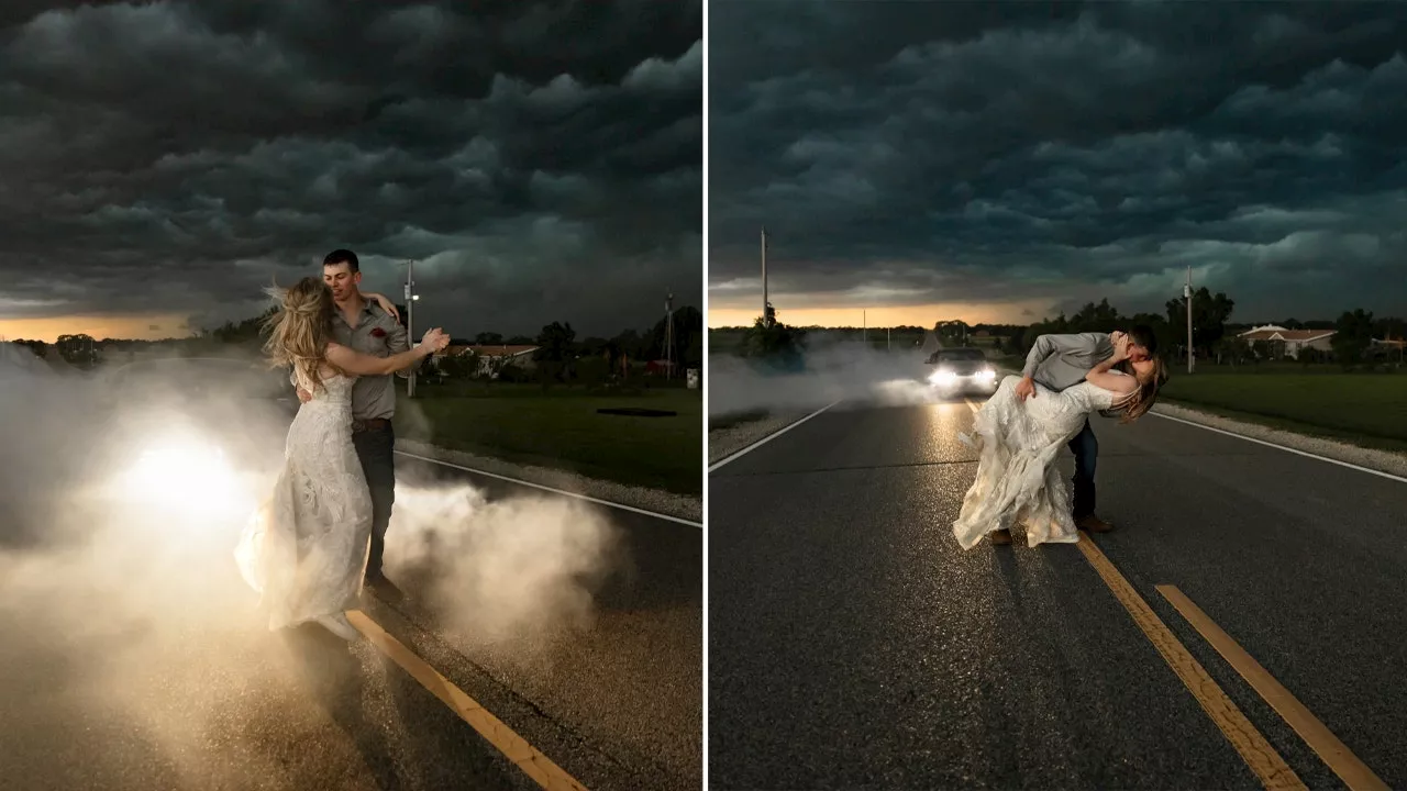 Kansas photographer turns dramatic thunderstorm into stunning backdrop for bride and groom