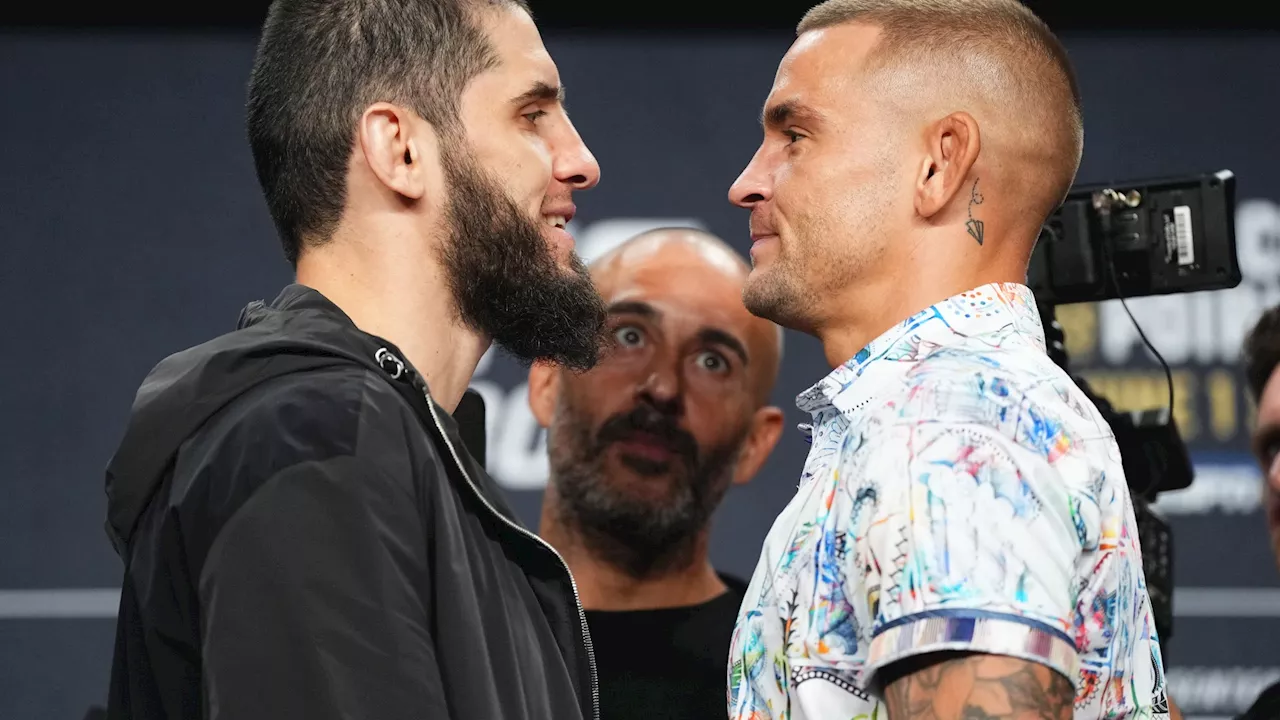 Security intervene as Islam Makhachev and Dustin Poirier get heated during face-off after X-rated insult...