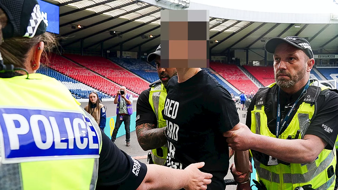 Scotland v Israel clash DELAYED after pro-Palestine activist chains neck to Hampden goalpost...