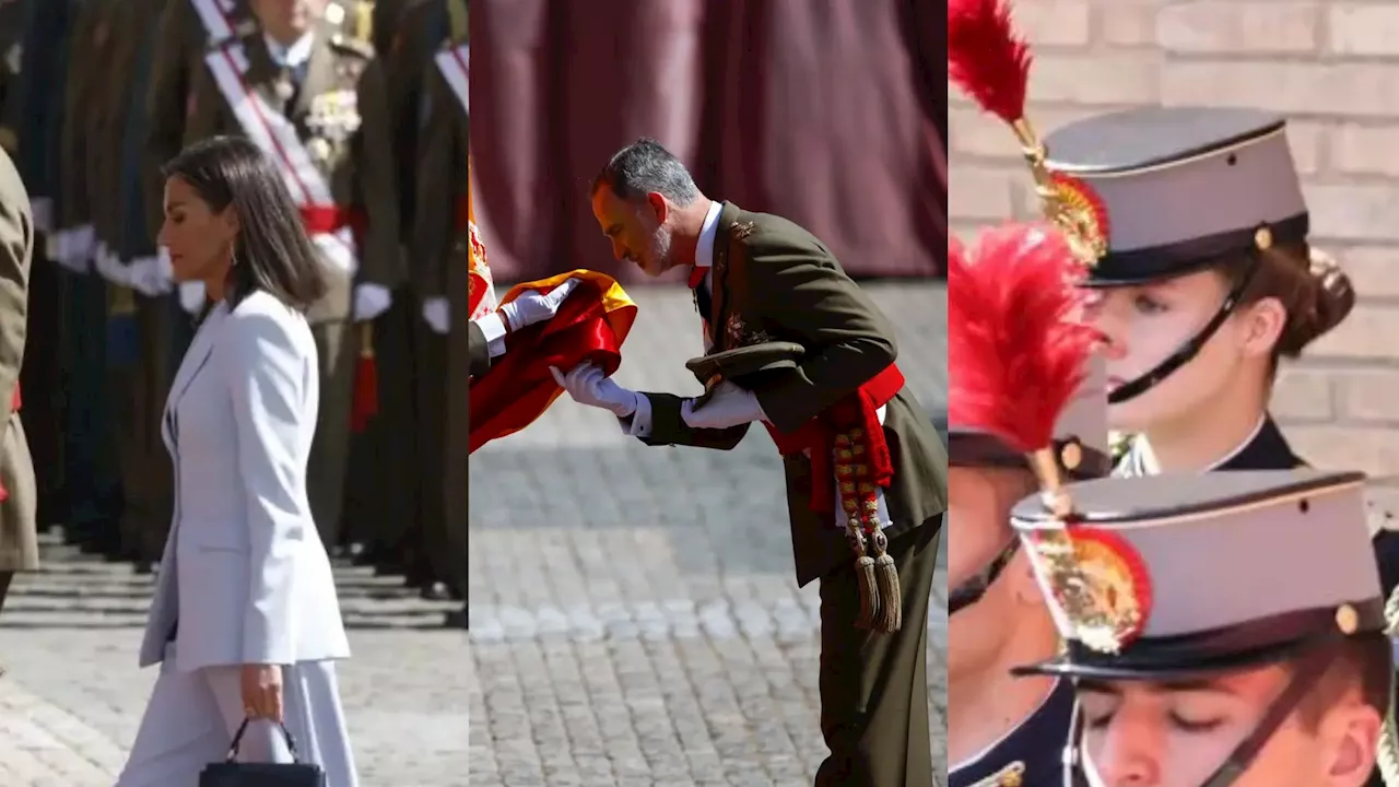 El rey Felipe VI jura bandera ante la atenta mirada de la princesa Leonor y la reina Letizia en la Academia Militar de Zaragoza