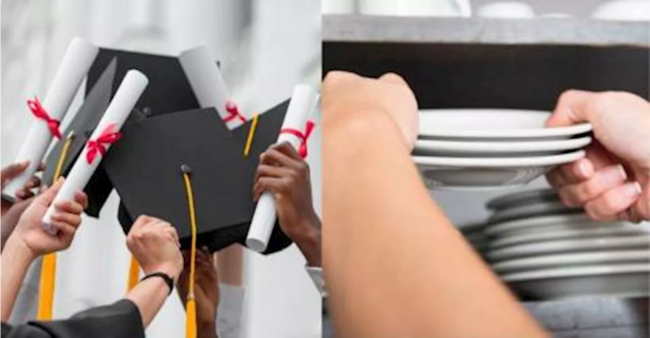 First class graduate works as restaurant helper