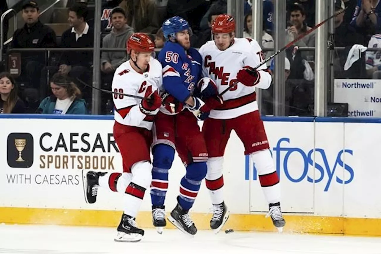 Zibanejad scores twice for Rangers in 4-3 win over Hurricanes in Game 1 of series