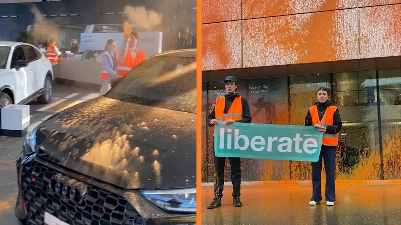 Swiss Climate Protestors Cover Audis In Orange Dust, Paint Porsche Dealer Wall Orange