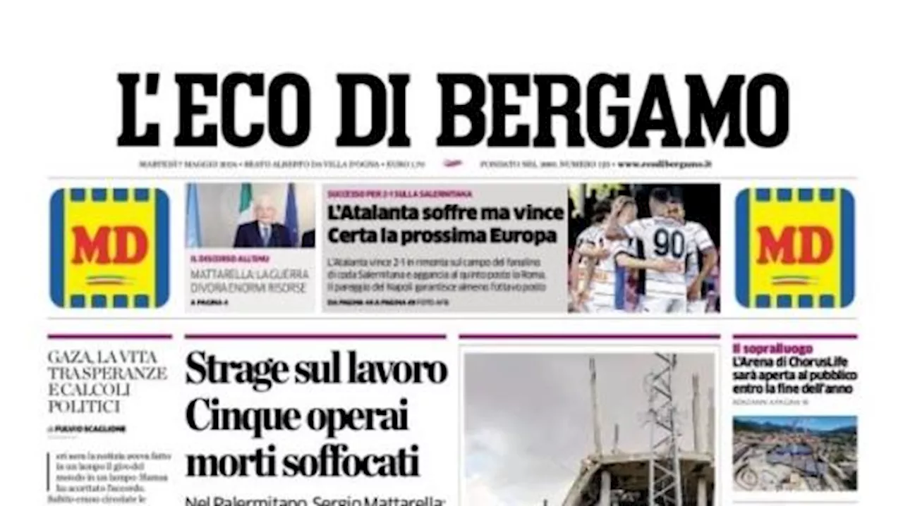 L'Eco di Bergamo apre: 'L'Atalanta soffre ma vince, certa la prossima Europa'