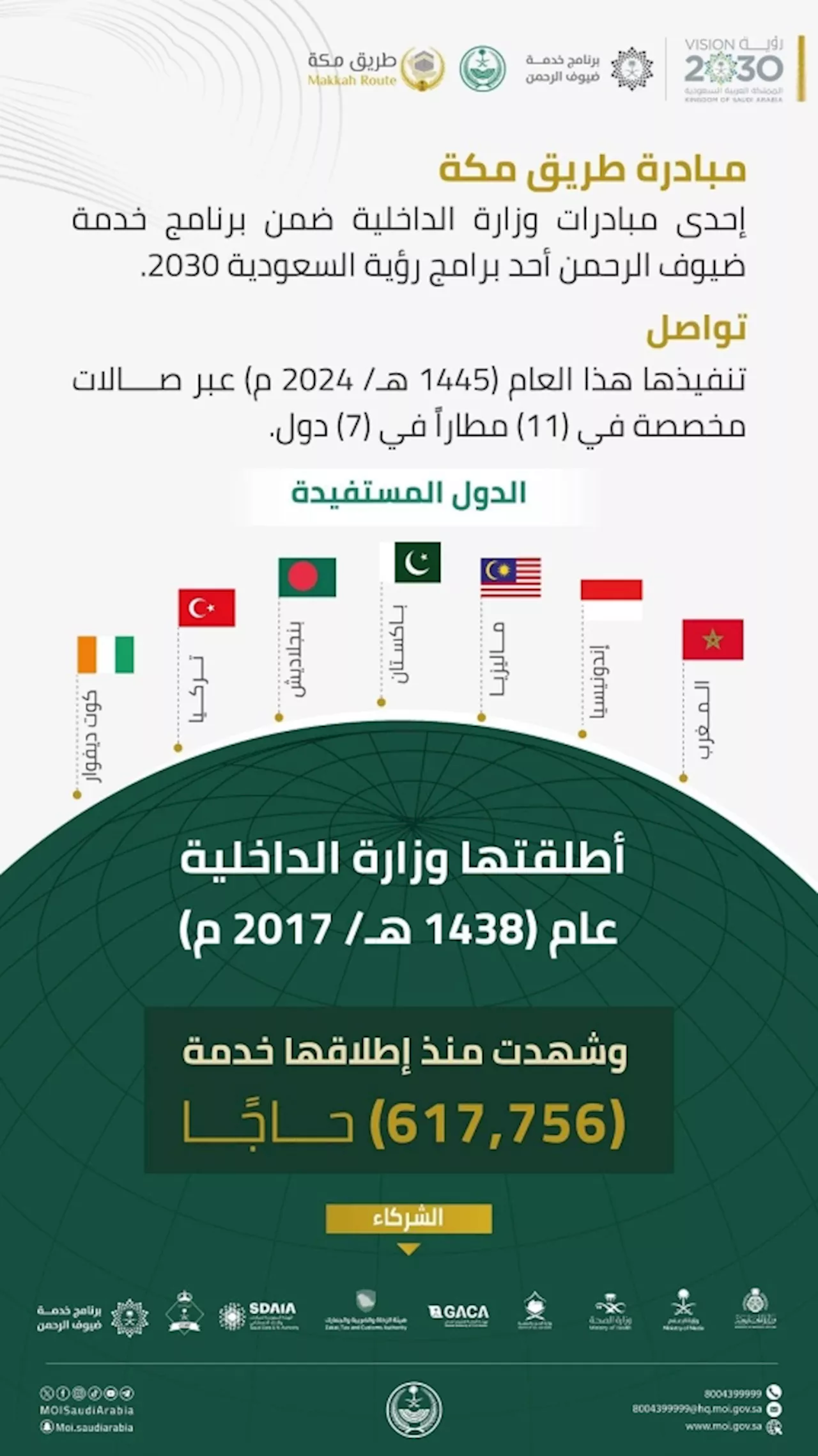 «الداخلية» تواصل تنفيذ مبادرة «طريق مكة» عبر صالات مخصصة في (11) مطاراً في (7) دول