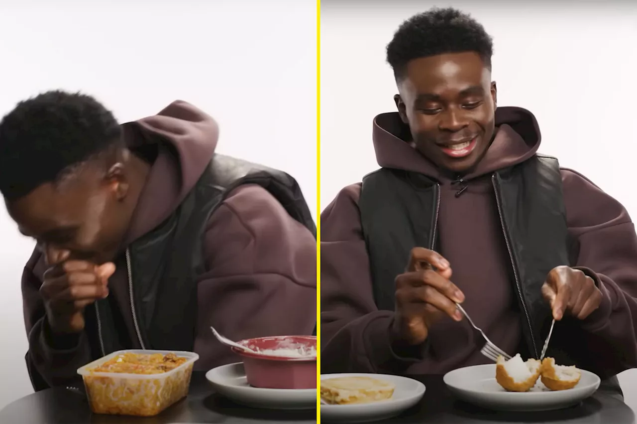 Arsenal star Bukayo Saka appears to spit out iconic English dish and refuses to eat scotch egg in funny...