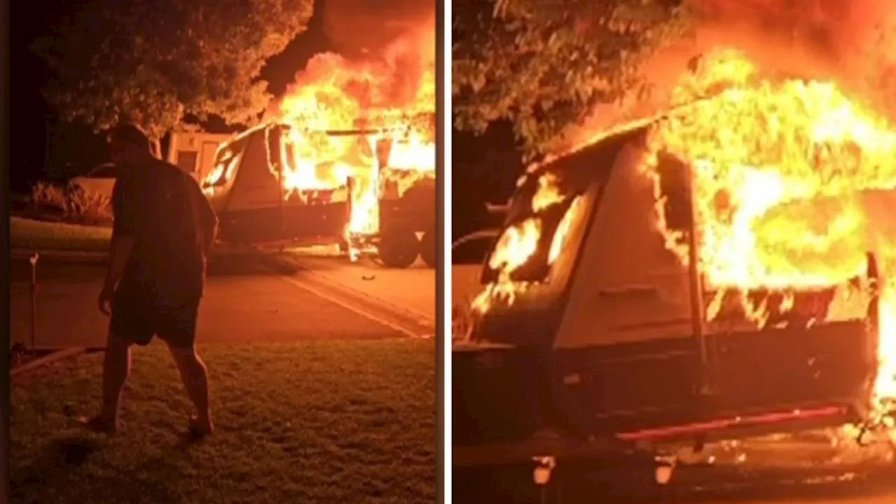 Gold Coast man’s heroic act after caravan bursts into flames next to his home