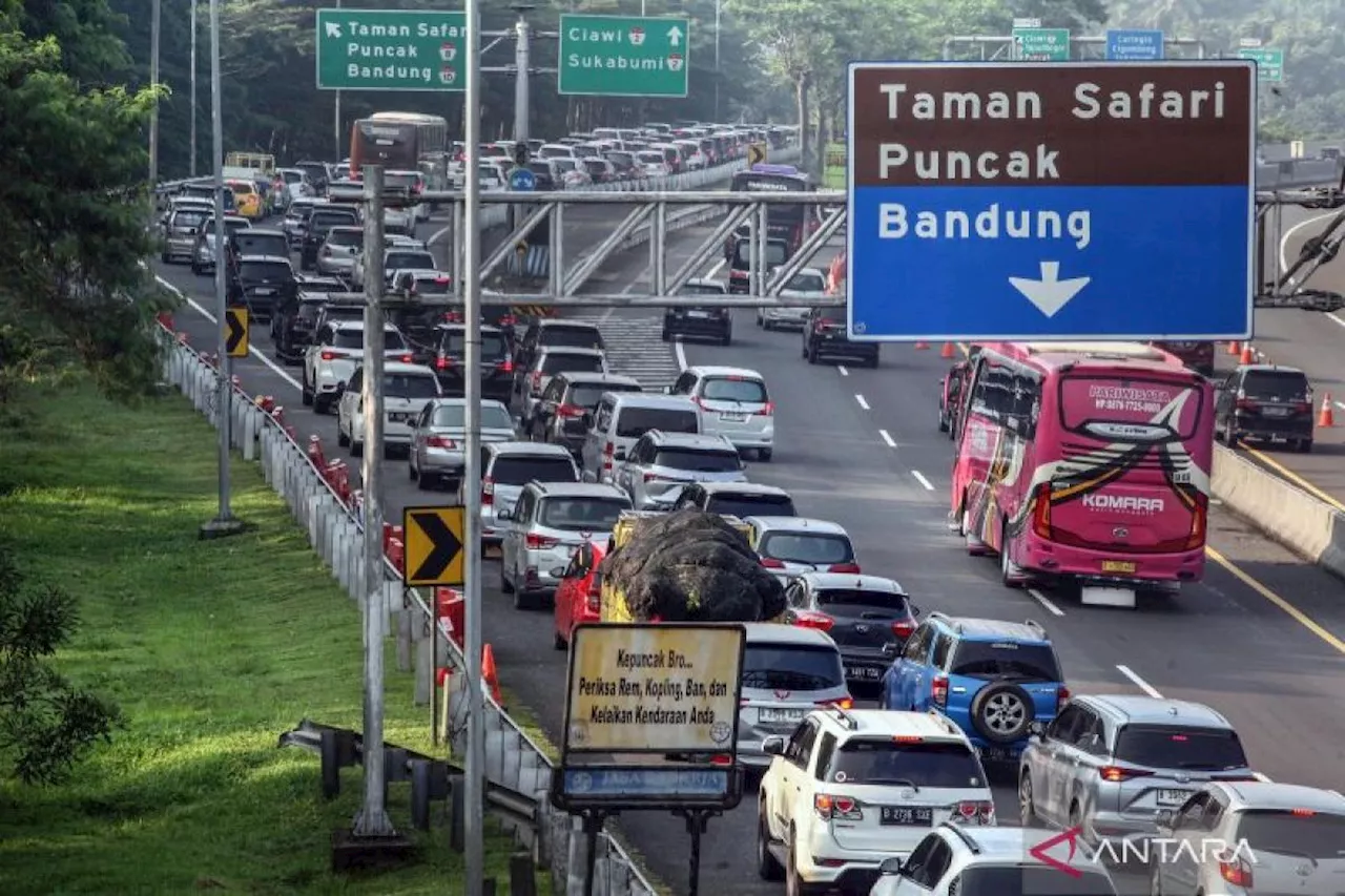 Penampakan padatnya kendaraan di jalur wisata Puncak Bogor saat libur panjang