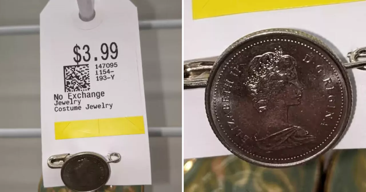 Canadian dime soldered to safety pin seen selling for $3.99 at Ontario Value Village