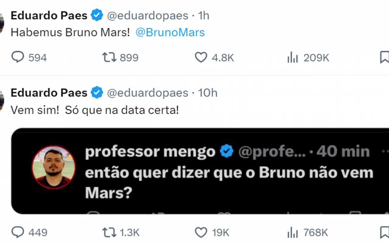 'Habemus Bruno Mars': Eduardo Paes confirma show do cantor no Rio, ainda sem data