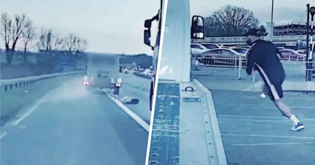 Dashcam of man hurling £140k of heroin onto M56 and being pounced on at airport