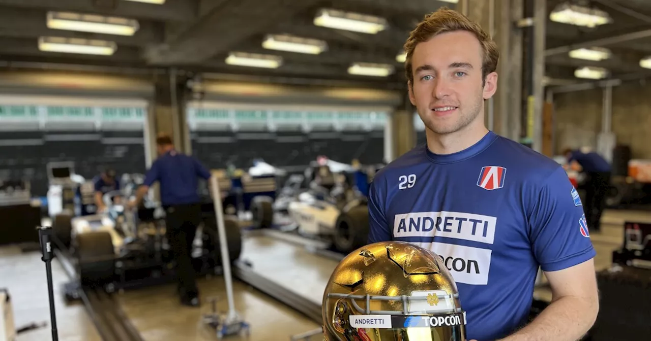 Irish driver sporting a Fighting Irish helmet in INDY NXT races