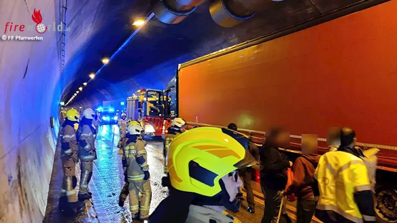 Sbg: Reisebus auf A 10 im Helbersbergtunnel auf Lkw aufgefahren → Busfahrer leicht verletzt eingeklemmt