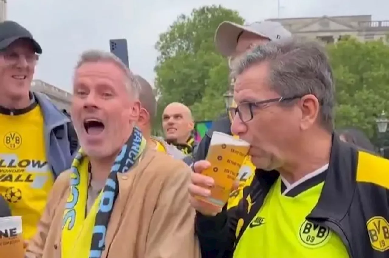 Liverpool legend Jamie Carragher gets back on the beers with Borussia Dortmund fans ahead of Champions...