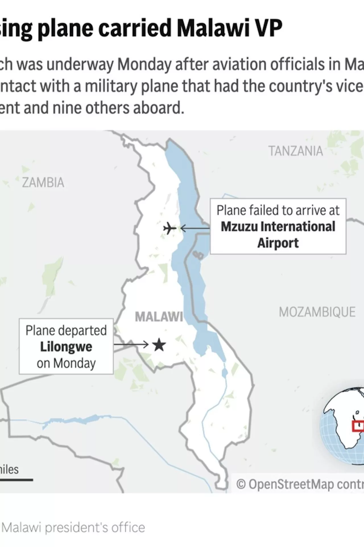 Soldiers search mountainous northern Malawi for missing military plane carrying vice president