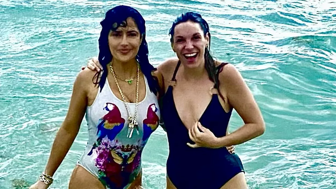 Salma Hayek, 57, busty in a swimsuit with parrots over her chest